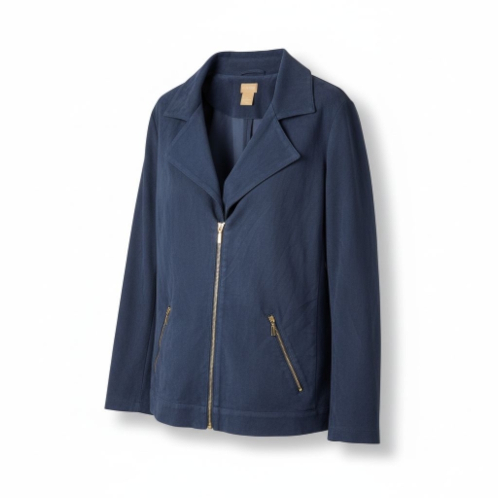 Chico's Blue Faux Suede Zip FRINT moto Jacket Size XXL